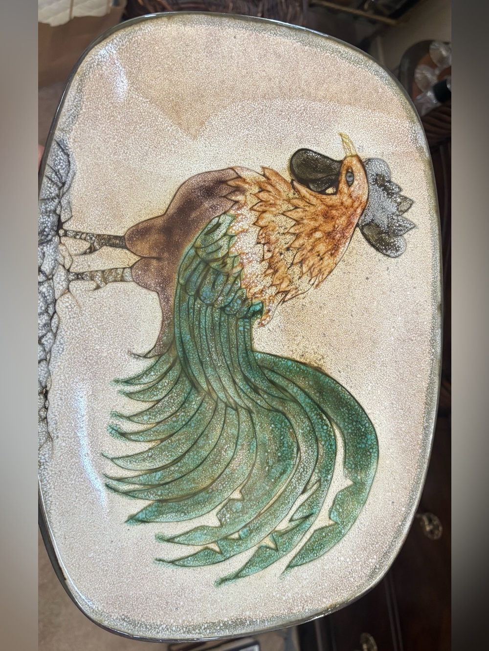 Audrey A Durnam Pottery Art Platter Or Wall Plate Signed 14.5x6.5” Rooster